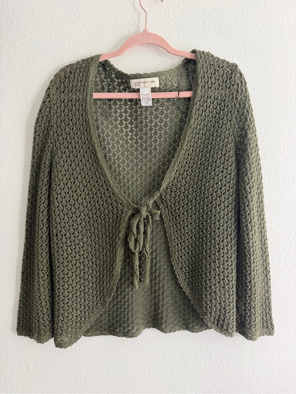 Jones New York Sport Vintage Women’s Olive Green Open-Knit Tie-Front Sweater